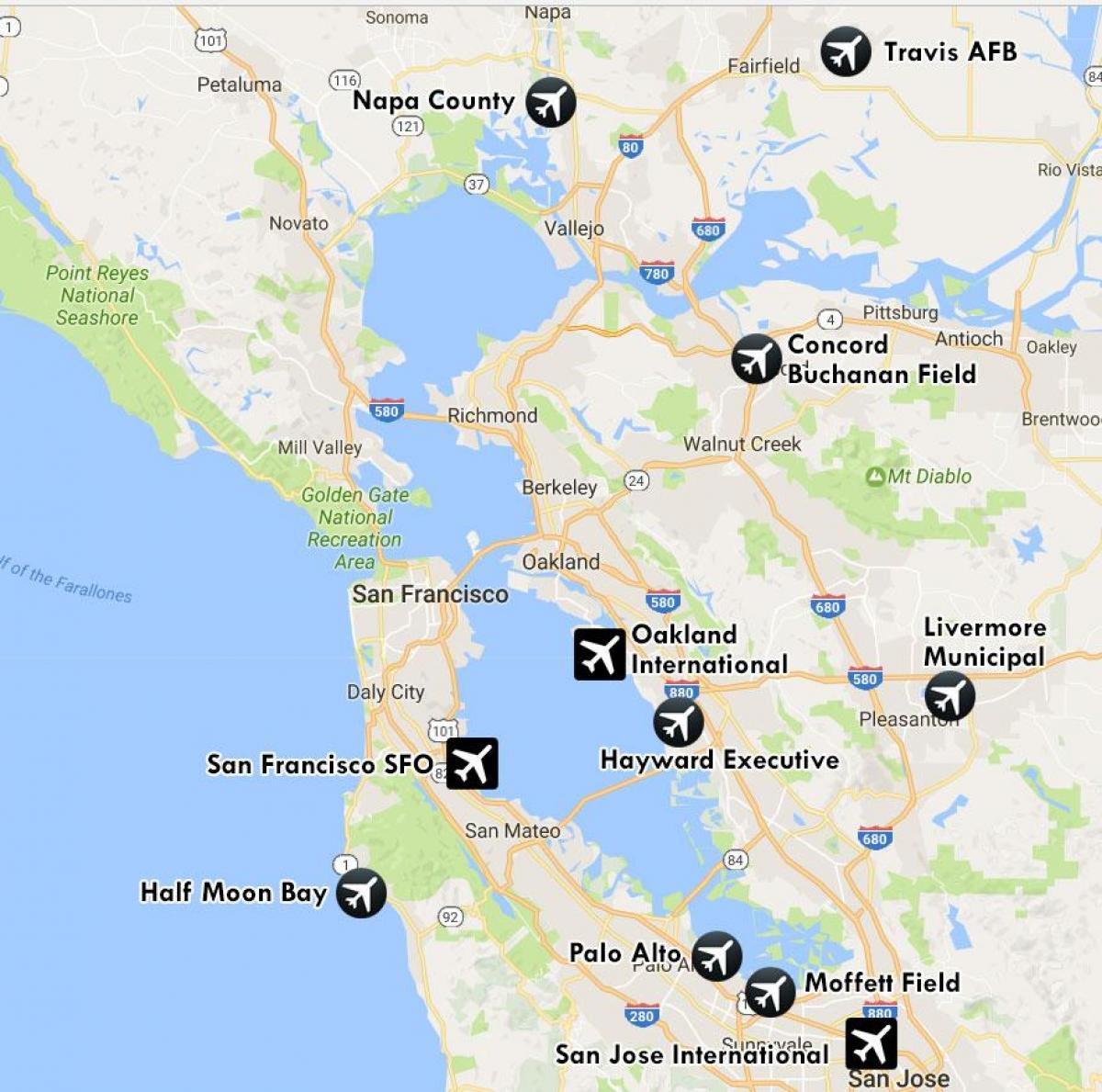 zračne luke blizu San Francisco na karti